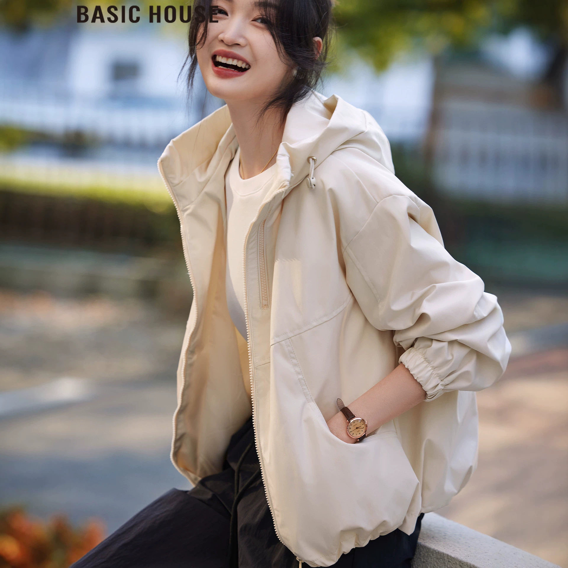 Basic House/百家好同款美式户外休闲连帽运动夹克外套女2026秋季