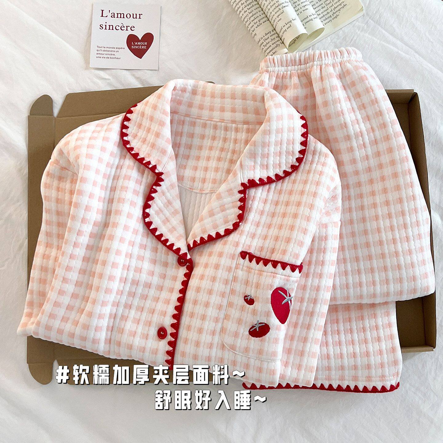 秋冬睡衣女长袖空气棉简约风卡通印花翻领保暖可外穿家居服套装