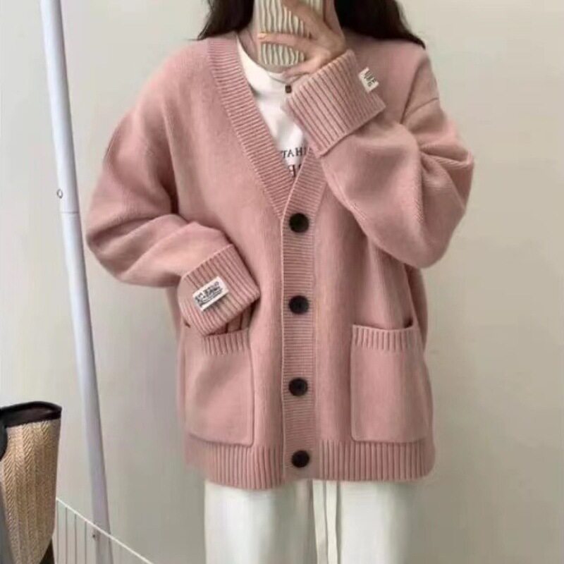 秋冬新款复古针织开衫女韩版宽松显瘦卷边袖贴布口袋软糯毛衣外套