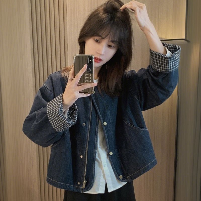 ins复古牛仔外套女2026春秋韩版设计感洋气圆领卷边格子长袖上衣