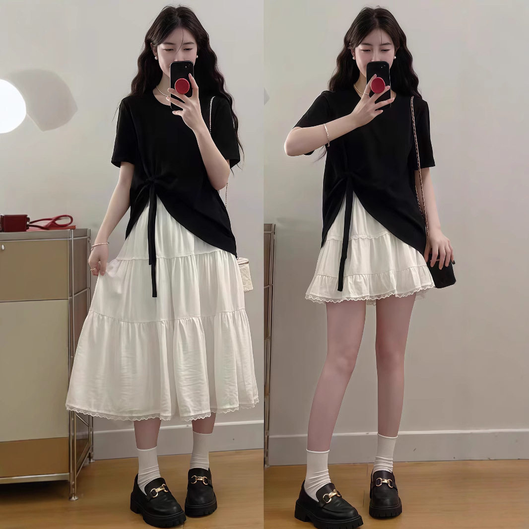 大码女装韩剧穿搭套装夏季蝴蝶结上衣胖MM遮肚显瘦蛋糕裙子两件套