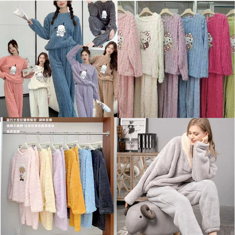 秋冬珊瑚绒睡衣女卡通提花外穿加厚保暖家居服舒棉绒暖暖套装