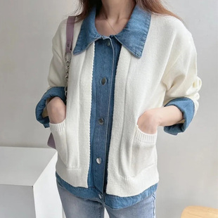 25秋冬 9652 韩国东大门ins复古休闲风针织拼接牛仔假两件外套开衫