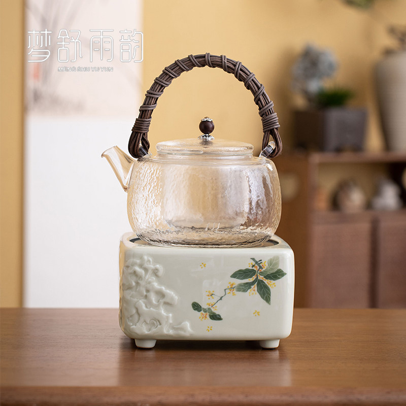 手绘桂花黑晶炉玻璃煮茶壶围炉煮茶家用小型煮茶烧水壶泡茶壶套装