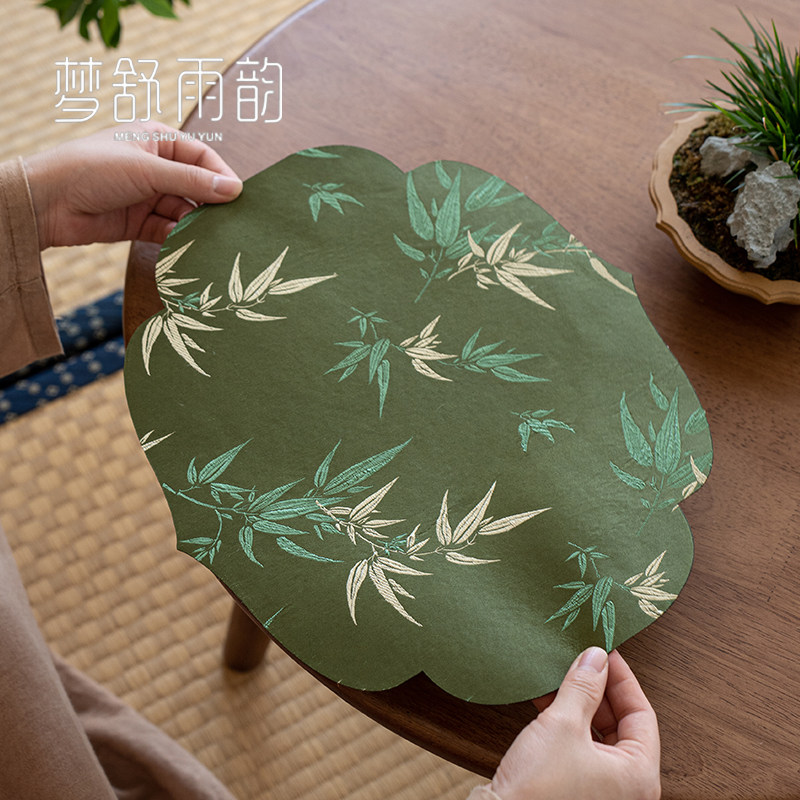 中式绸缎织锦刺绣竹子防水双面海棠干泡茶席桌旗布艺禅意茶道配件