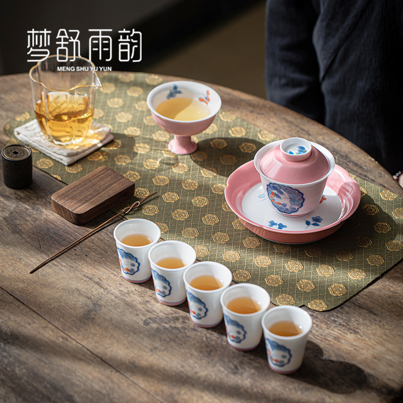 速发手绘花色蝶恋粉盖碗家用简约陶瓷功夫装具茶杯壶承茶具套茶礼