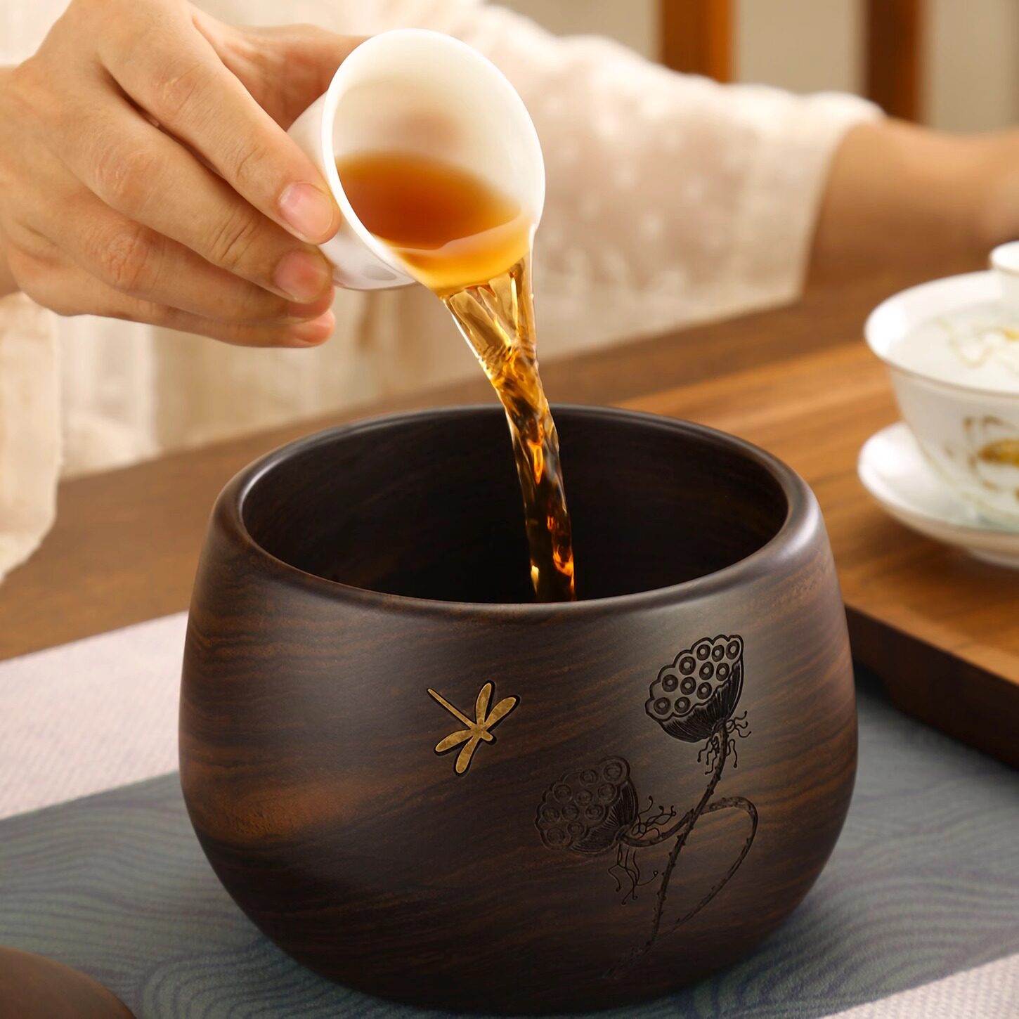 黑檀木茶洗茶渣缸茶具配件杯洗禅意家用实木茶桌茶渣缸废水盂建水
