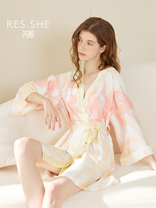 瑞翔夏秋女式印花浴袍高档晨衣长袖睡衣