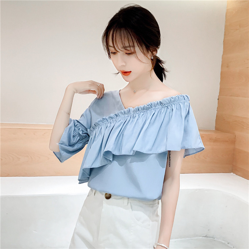 斜肩设计感小众2020年夏新款短袖上衣女士露肩雪纺衫韩版气质衬衫