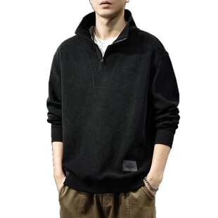 帅气内搭秋冬卫衣男外套复古长袖polo衫宽松半拉链立领上衣上衣