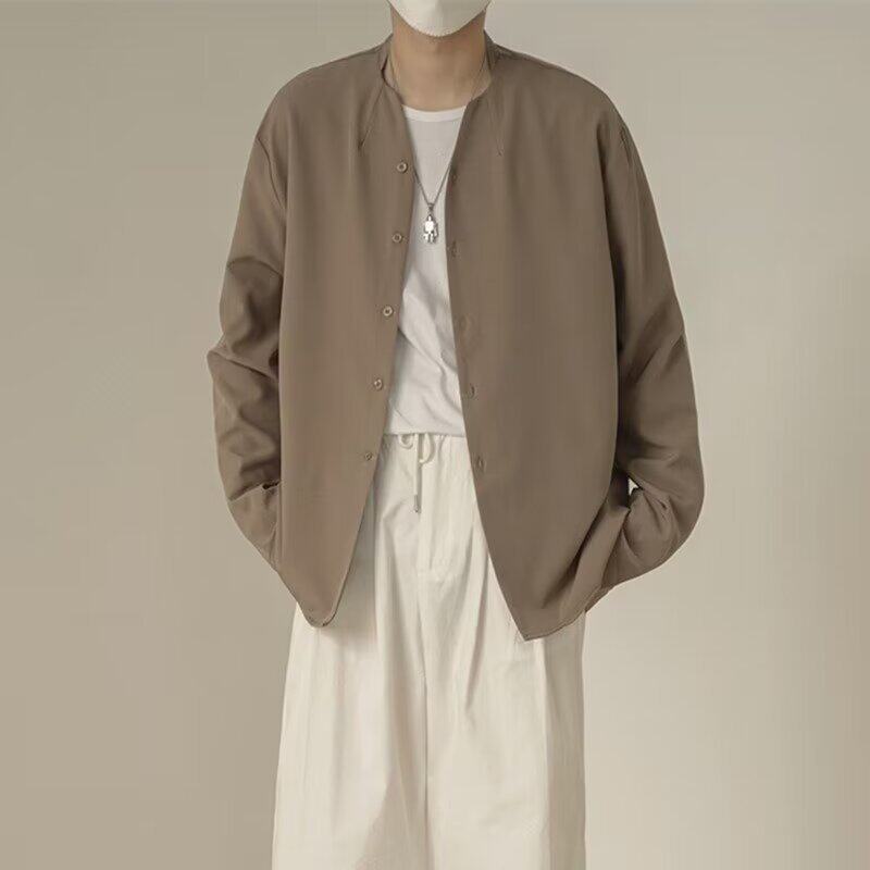 法式宽松纯色衬衫男休闲风开衫无领长袖上衣慵懒风复古衬衣外套