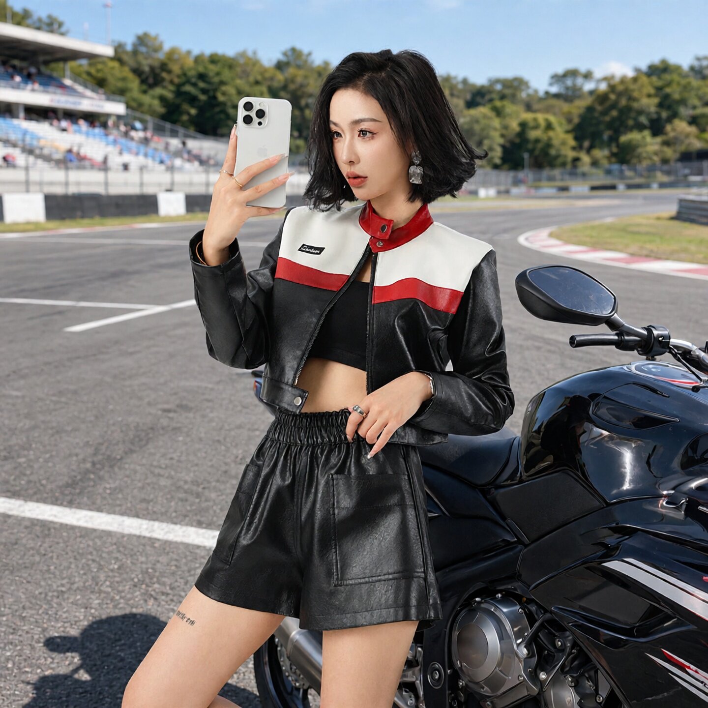 黑白色女机车短款皮衣夹克赛车服