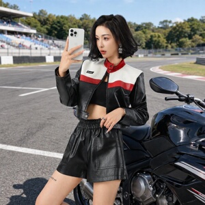 黑白色女机车短款皮衣夹克赛车服