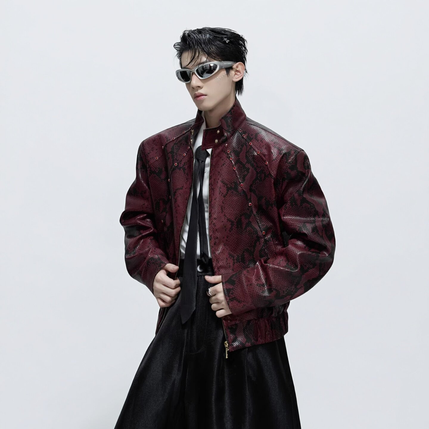 秋冬男机车服休闲蛇蟒纹立领外套
