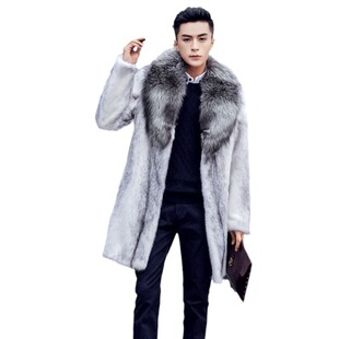 新款上衣仿十字貂皮草外套男士长款冬季水貂宽松貂皮大衣狐狸毛领