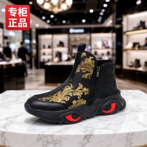 专柜秋冬三古三新高档男生休闲运动鞋高帮透气男靴防滑拉链黑金色