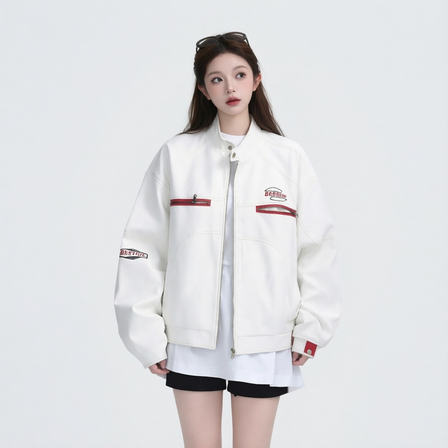 秋冬休闲宽松白机车服夹克女外套