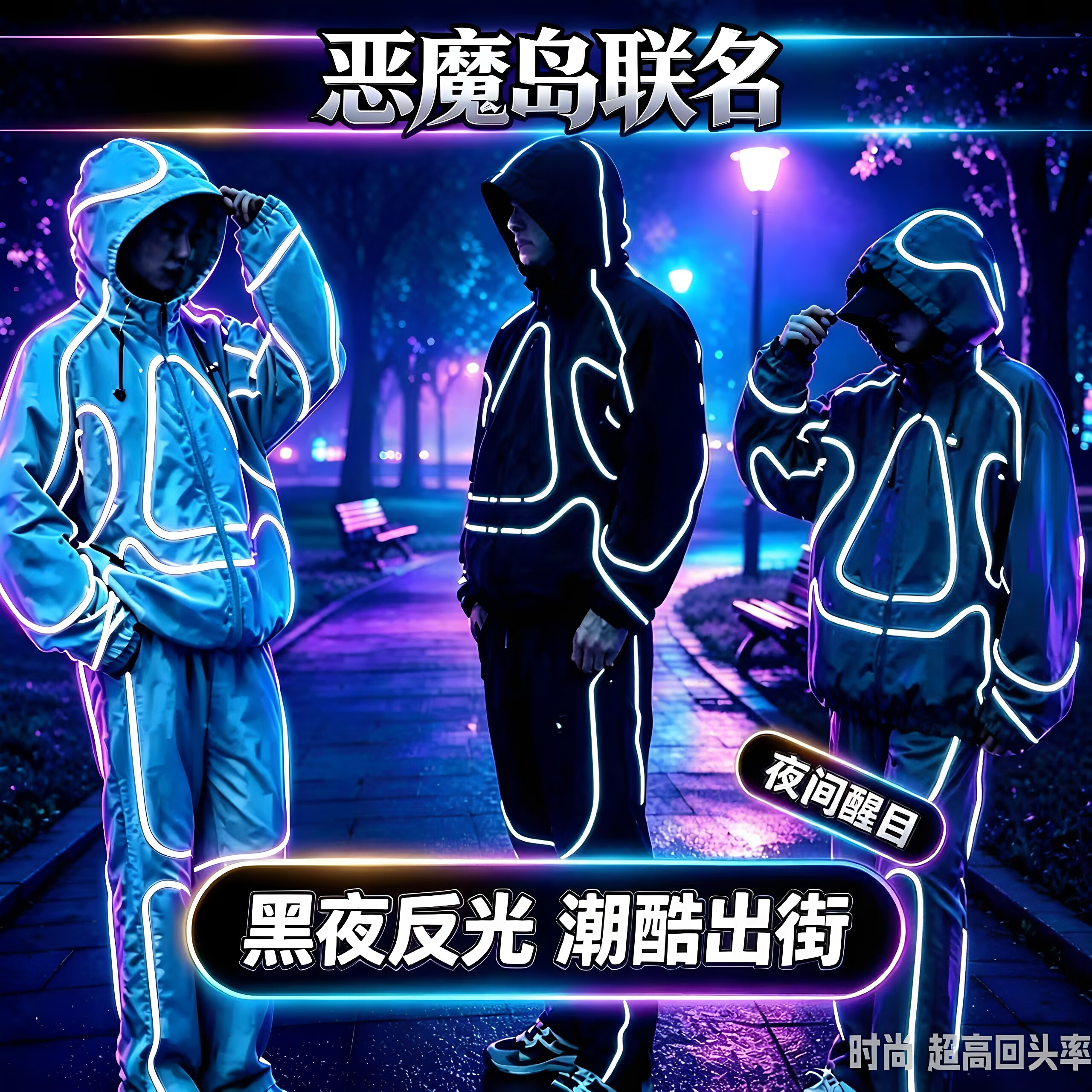 秋冬恶魔岛联名夜装反光连帽套装