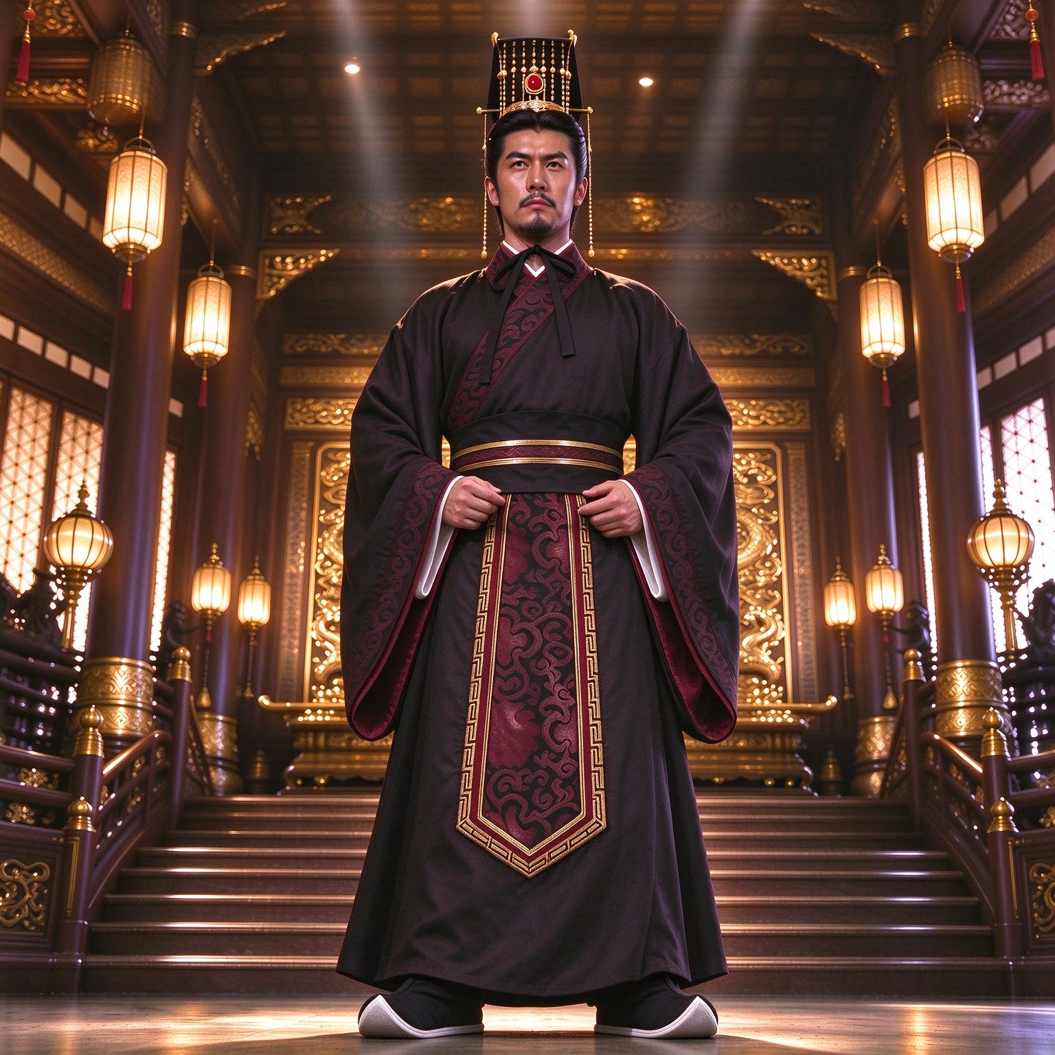 古装秦汉帝王冕服黑红金古风长袍扮演服装配冕冠金珠皇帝帝王服装