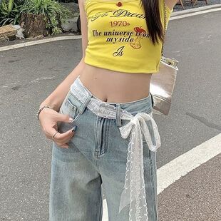 为单调乏味的牛仔裤增添几分俏皮蕾丝裤带腰带装饰牛仔裤配饰丝巾