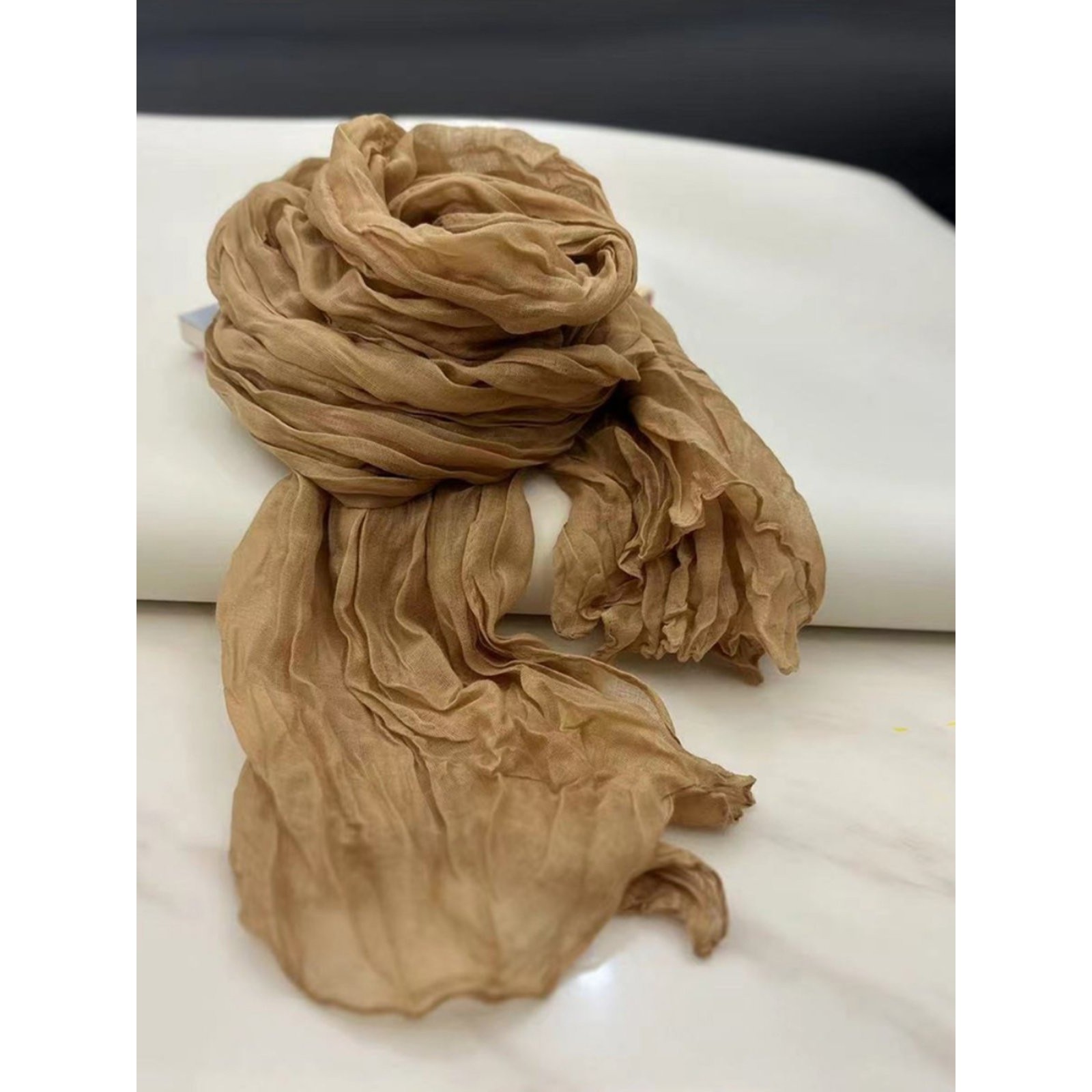 日系棉麻围巾百搭褶皱纯色丝巾女秋冬保暖薄款韩版护颈围脖高级感