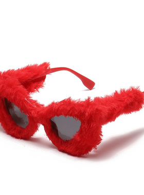 安可拉红色猫眼墨镜y2k辣妹写真拍照道具毛绒眼镜男女派对太阳镜