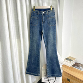 @版 微喇叭牛仔裤 型好看～小个子拖地薄绒裤 复古水洗高腰弹力修身