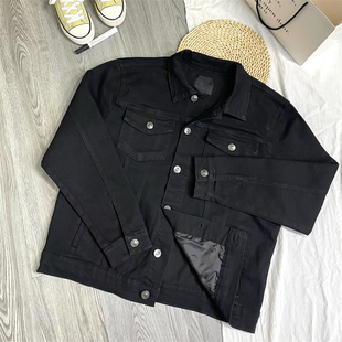 美式 复古水洗黑色oversize宽松弹力牛仔外套夹克 ～简约街头风
