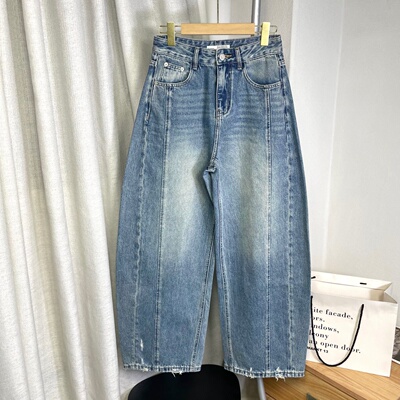 松驰分割线廓形复古弯刀牛仔裤女