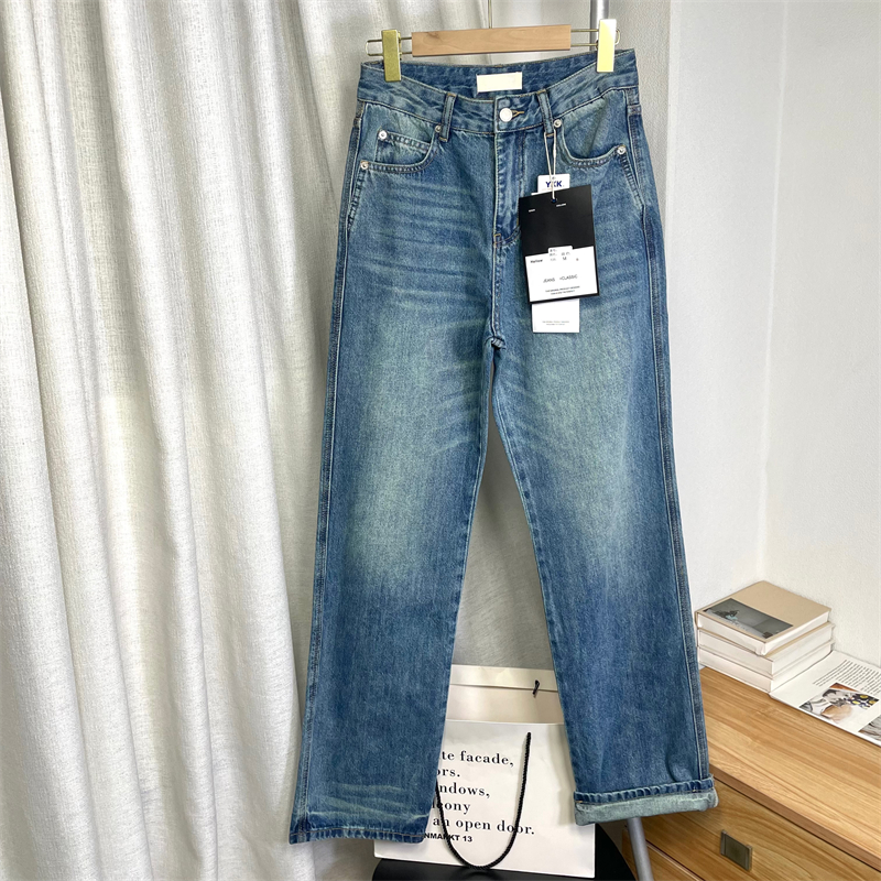 质感复古堆积感超长直筒牛仔裤