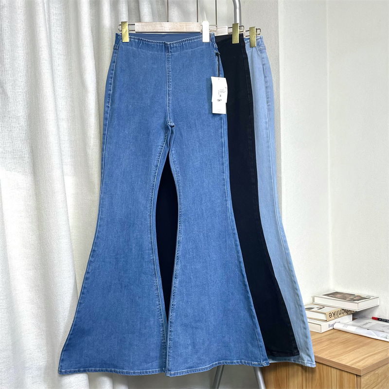 F家超长大喇叭拖地牛仔裤女