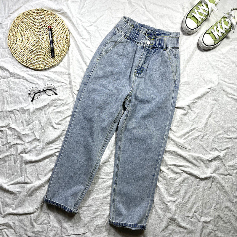 裤型绝绝子！浅蓝水洗花苞松紧高腰哈伦裤显瘦小直筒牛仔裤女,女装/女士精品,牛仔裤,淘宝优惠券,粉丝福利购,淘宝优惠卷
