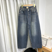 复古水洗重磅桶形立体感阔腿直筒牛仔裤 美式 ～怀旧男友风