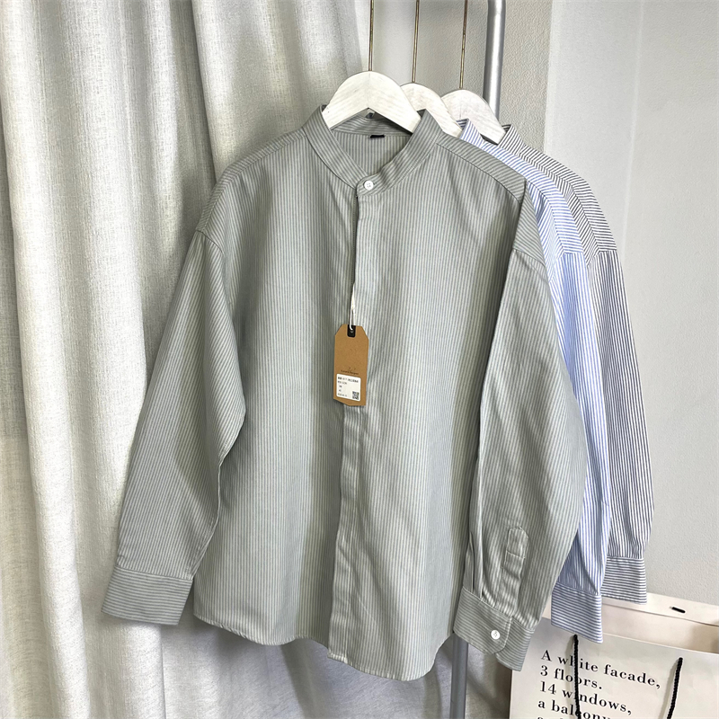 日式～复古休闲立领条纹全棉衬衫