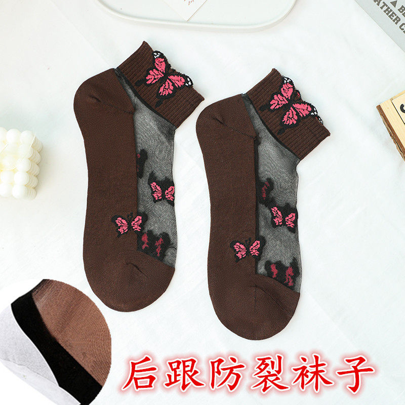 脚后跟防裂袜子女夏女士蝴蝶提花