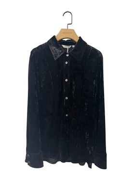 黑色丝绒立领衬衫女长袖单排扣修身上衣6I811101X