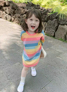 奥特莱斯清仓100%纯棉童装2023新款女童夏装T恤裙子儿童洋气彩虹