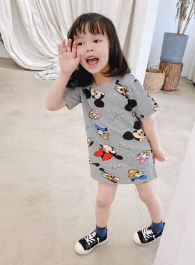 奥特莱斯清仓女童短袖连衣裙2023新款夏季宝宝卡通米奇t恤裙中小