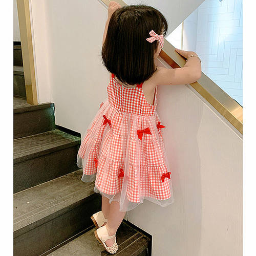 儿童裙子夏款吊带裙小童格子连衣裙2023年新款背心裙小女孩网红裙