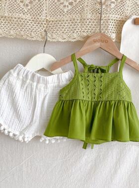女童夏装套装2023新款时髦女宝宝无袖上衣儿童洋气背心吊带两件套