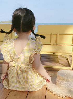 2023新款夏季儿童女童公主裙子露背格子洋气连衣裙网红纯棉亲子装