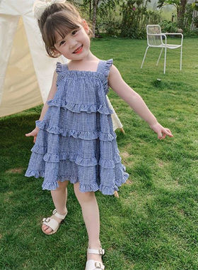 童装夏装宝宝裙子吊带裙背心裙女童洋气格子蛋糕裙儿童韩版连衣裙