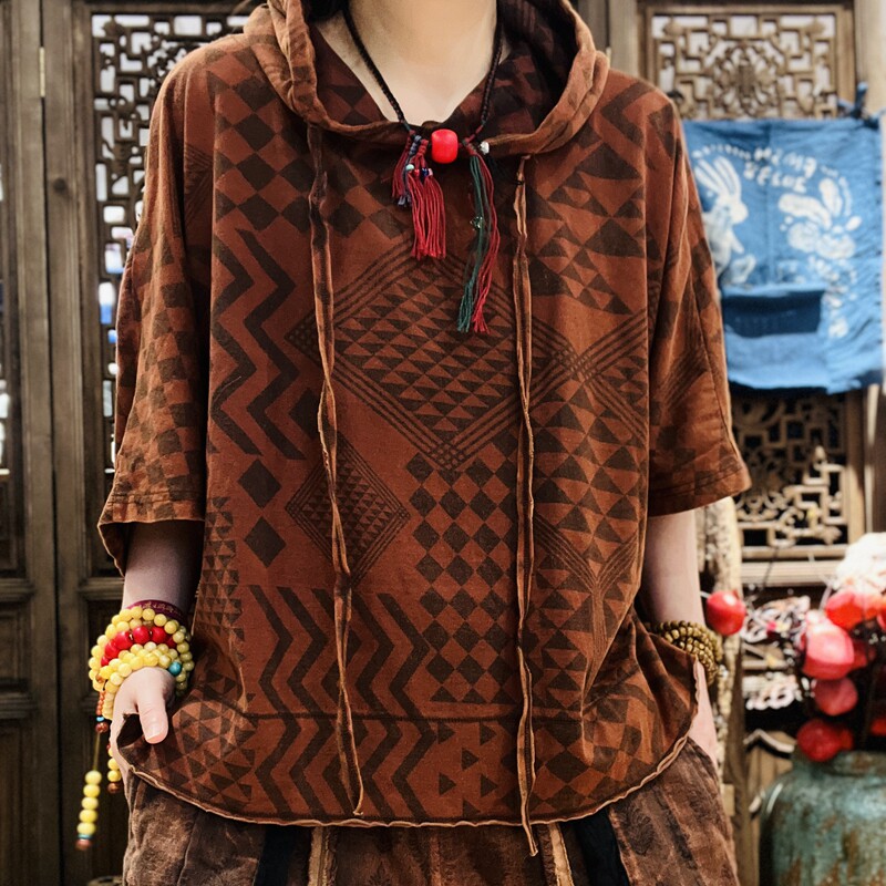 忆古朴拙  宽松棉麻针织上衣几何连帽卫衣t恤 春夏新款