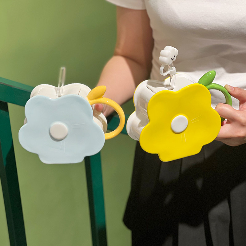 陶瓷杯带盖女生个性创意花型办公室吸管喝水杯少女心学生情侣礼物