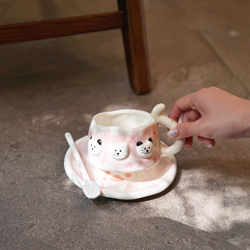 立体呆萌猫咪杯碟陶瓷套装高颜值可爱创意家用咖啡杯下午茶伴手礼