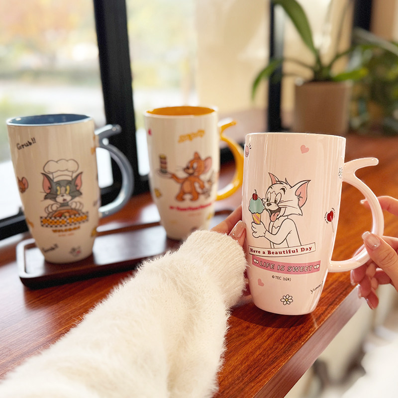 大容量可爱卡通猫和老鼠带盖陶瓷马克杯家用喝水杯子情侣杯伴手礼