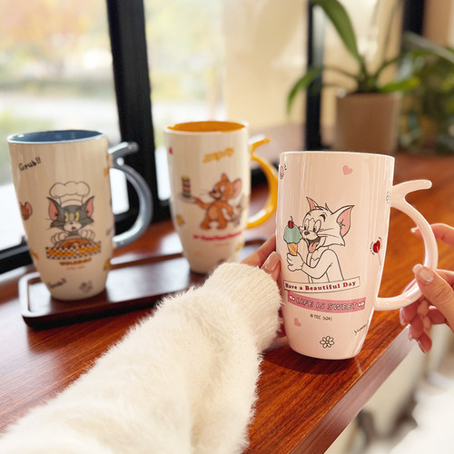 大容量可爱卡通猫和老鼠带盖陶瓷马克杯家用喝水杯子情侣杯伴手礼