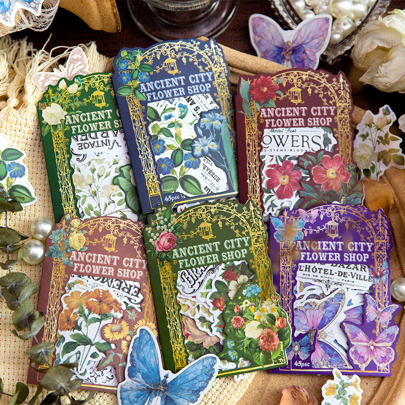 古城花店系列和纸不干胶贴纸46枚入 复古花卉蝴蝶手帐装饰素材贴