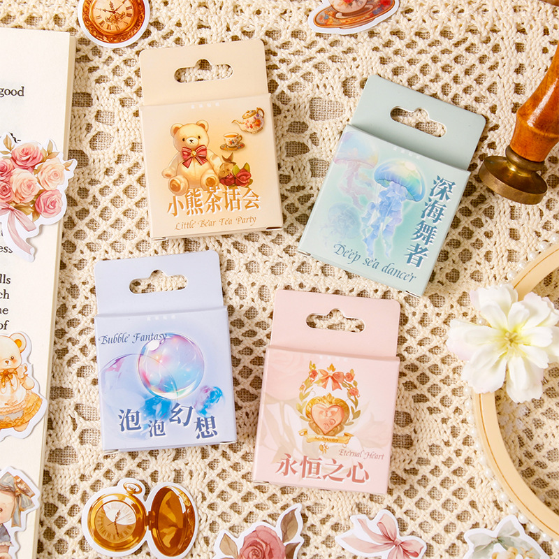 童话世界系列不干胶贴纸包46枚入 梦幻花卉泡泡小熊手帐装饰贴画