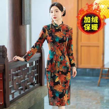 新中式改良旗袍中长款日常加绒加厚秋冬季新款高档妈妈宴会连衣裙
